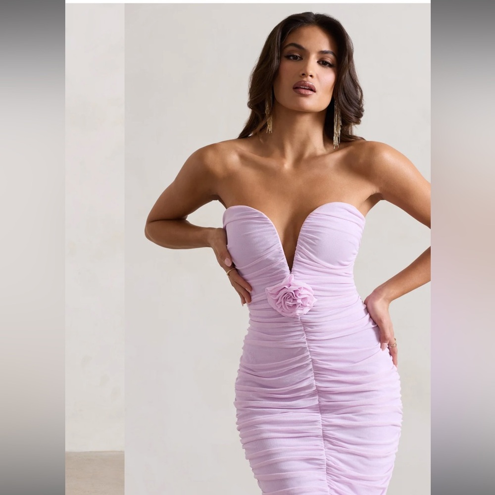 TAKEN RUCHED MESH MIDI DRESS WITH CORSAGE